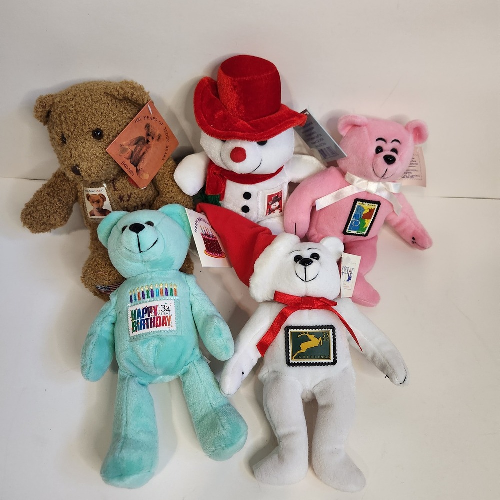 Postal Pals Plush Stamp Collection Set‎ of 5 Teddy Bears & Snowman USPS Theme